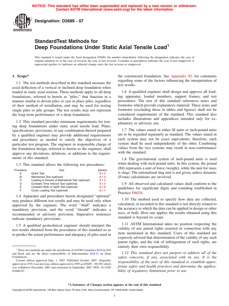 ASTM D3689-07 - Standard Test Methods for Deep Foundations Under Static Axial Tensile Load