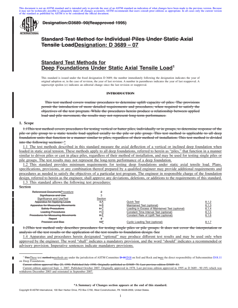 REDLINE ASTM D3689-07 - Standard Test Methods for Deep Foundations Under Static Axial Tensile Load