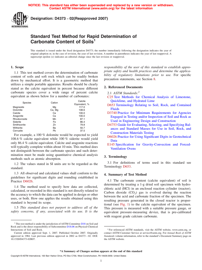 ASTM D4373-02(2007) - Standard Test Method for Rapid Determination of Carbonate Content of Soils