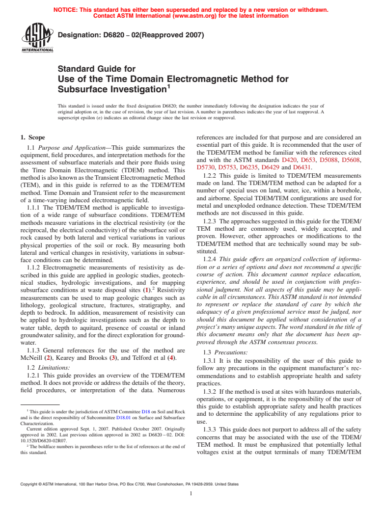 ASTM D6820-02(2007) - Standard Guide for Use of the Time Domain Electromagnetic Method for Subsurface Investigation (Withdrawn 2016)