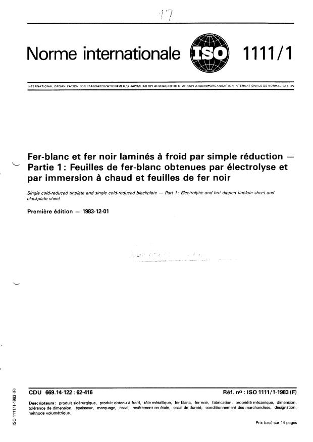 ISO 1111-1:1983 - Fer-blanc et fer noir laminés a froid par simple réduction