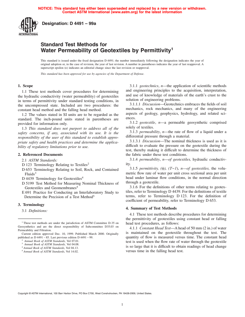 ASTM D4491-99a - Standard Test Methods for Water Permeability of Geotextiles by Permittivity