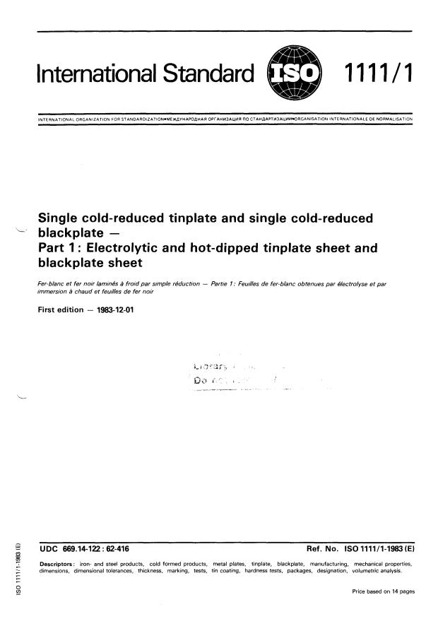 ISO 1111-1:1983 - Single cold-reduced tinplate and single cold-reduced blackplate