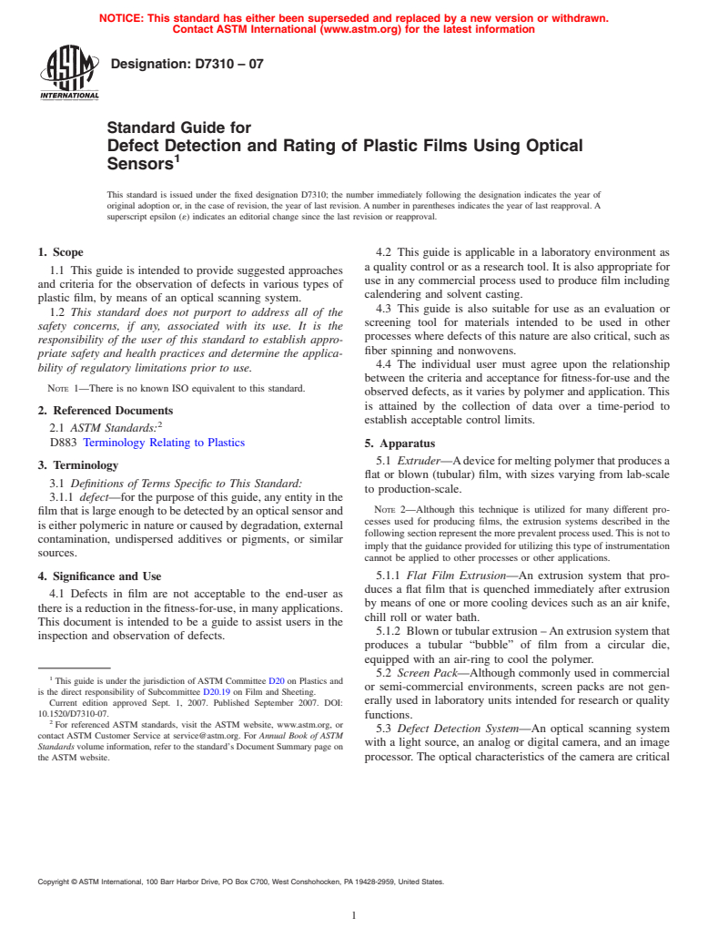 ASTM D7310-07 - Standard Guide for Defect Detection and Rating of Plastic Films Using Optical Sensors