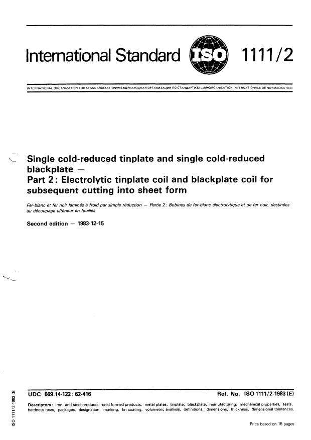 ISO 1111-2:1983 - Single cold-reduced tinplate and single cold-reduced blackplate