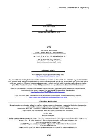 SIST EN 300 392-3-8 V1.4.1:2020 ETSI EN 300 392-3-8 V1.4.0 (2019-08) - Terrestrial Trunked Radio (TETRA); Voice plus Data (V+D); Part 3: Interworking at the Inter-System Interface (ISI); Sub-part 8: Generic Speech Format Implementation - Page 2 preview