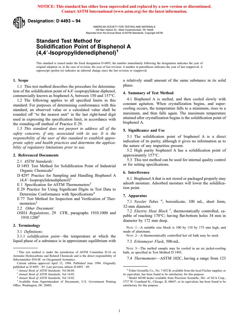 ASTM D4493-94 - Standard Test Method for Solidification Point of Bisphenol A (4,4&#180-Isopropylidenediphenol)