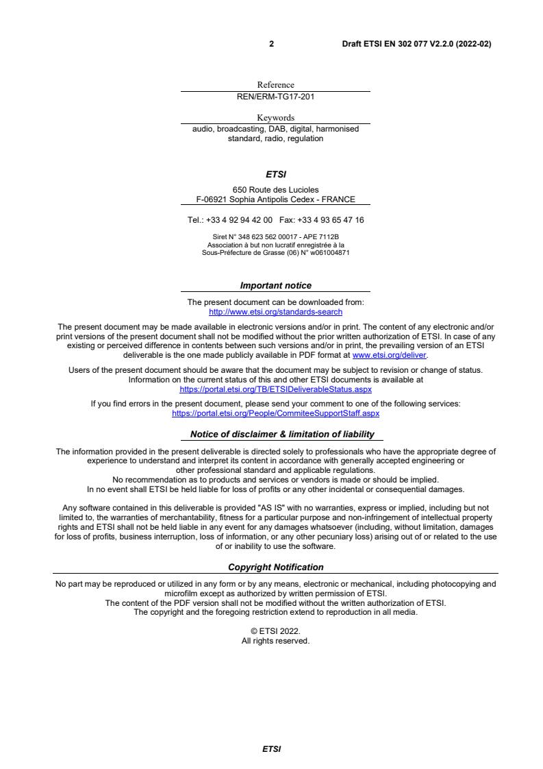 SIST EN 302 077 V2.3.1:2022 ETSI EN 302 077 V2.2.0 (2022-02) - Transmitting equipment for the Digital Audio Broadcasting (DAB) service; Harmonised Standard for access to radio spectrum - Page 2 preview