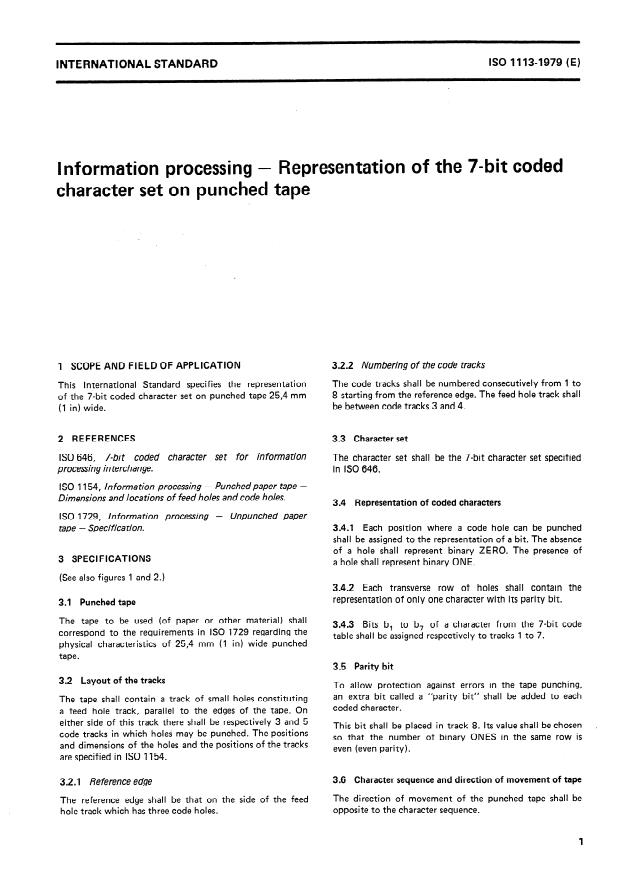 ISO 1113:1979 - Information processing -- Representation of the 7- bit coded character set on punched tape
