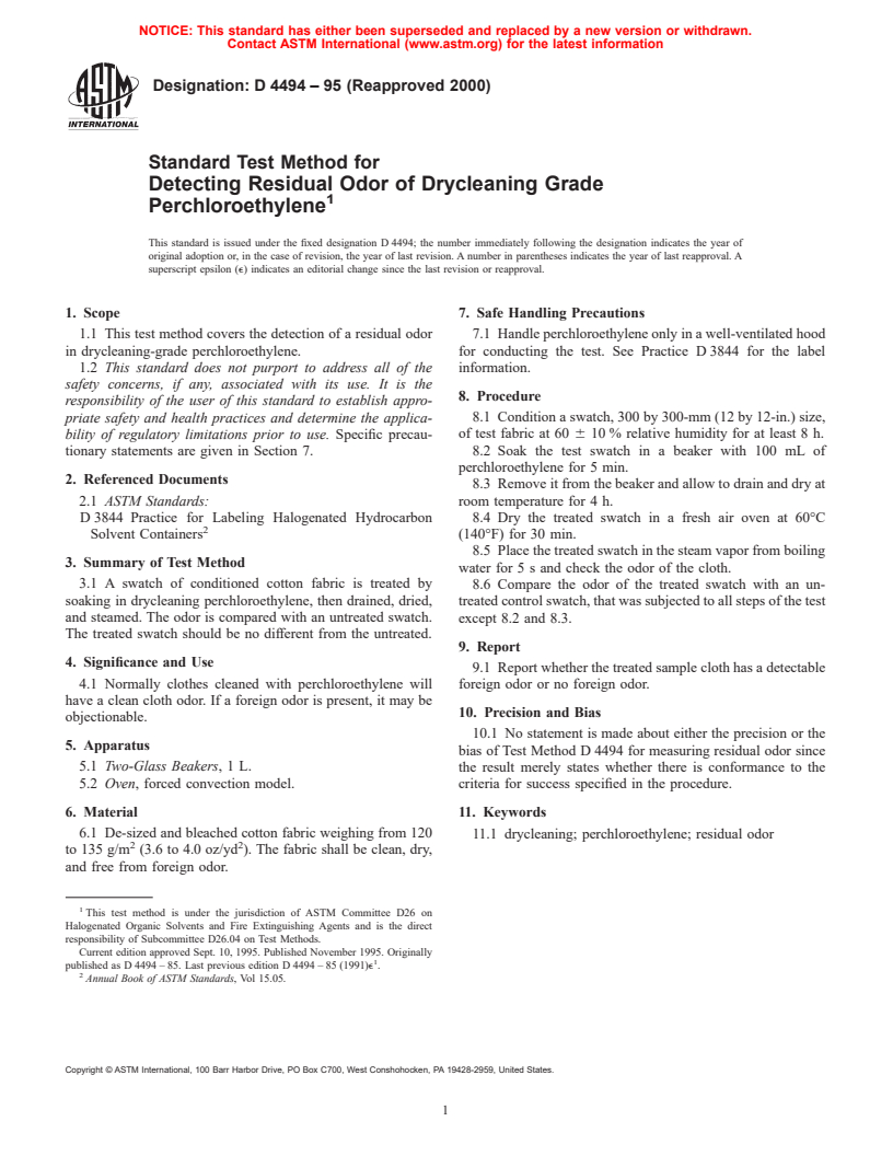 ASTM D4494-95(2000) - Standard Test Method for Detecting Residual Odor of Drycleaning Grade Perchloroethylene