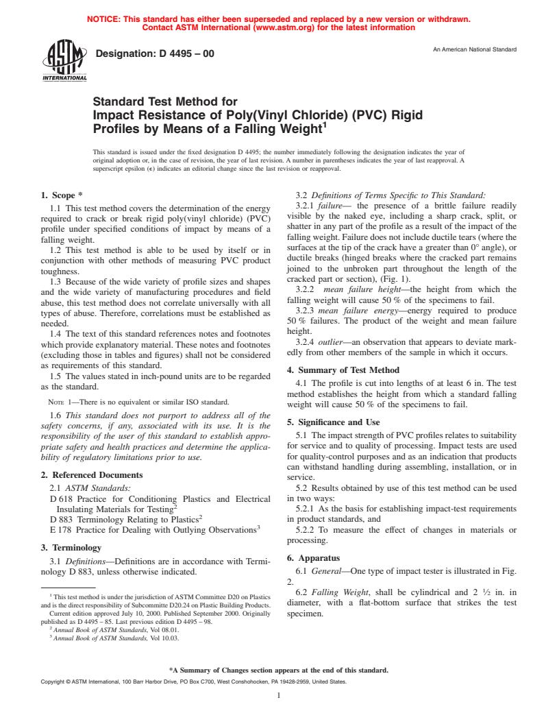 ASTM D4495-00 - Standard Test Method for Impact Resistance of Poly(Vinyl Chloride) (PVC) Rigid Profiles by Means of a Falling Weight