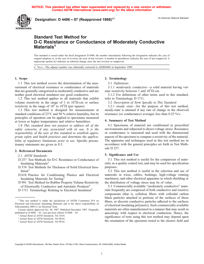 ASTM D4496-87(1998)e1 - Standard Test Method for D-C Resistance or Conductance of Moderately Conductive Materials