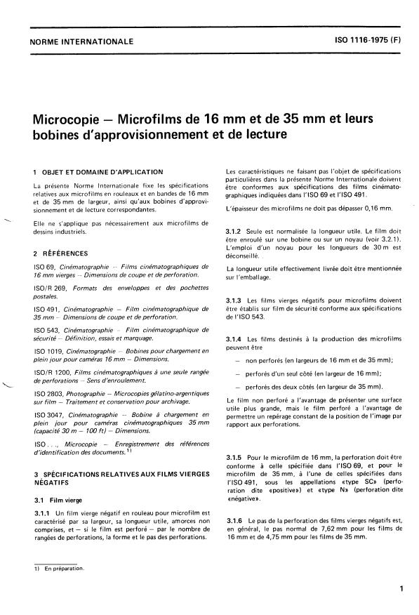 ISO 1116:1975 - Microcopie -- Microfilms de 16 mm et de 35 mm et leurs bobines d'approvisionnement et de lecture