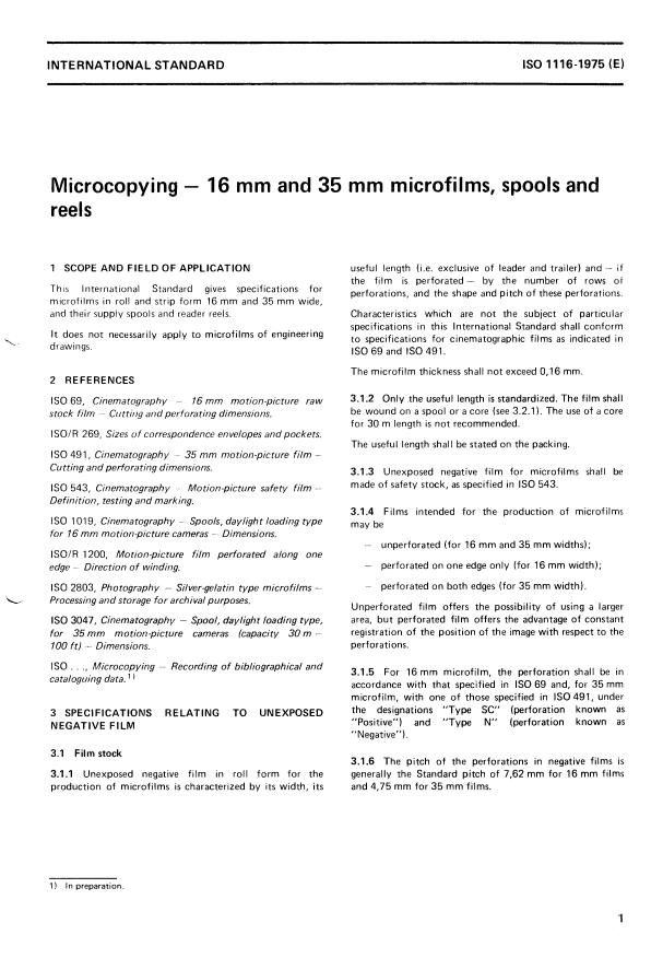 ISO 1116:1975 - Microcopying -- 16 mm and 35 mm microfilms, spools and reels