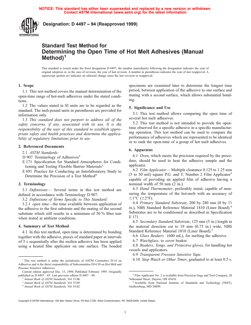 ASTM D4497-94(1999) - Standard Test Method for Determining the Open Time of Hot Melt Adhesives (Manual Method)