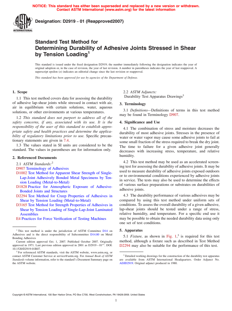 ASTM D2919-01(2007) - Standard Test Method for Determining Durability of Adhesive Joints Stressed in Shear by Tension Loading