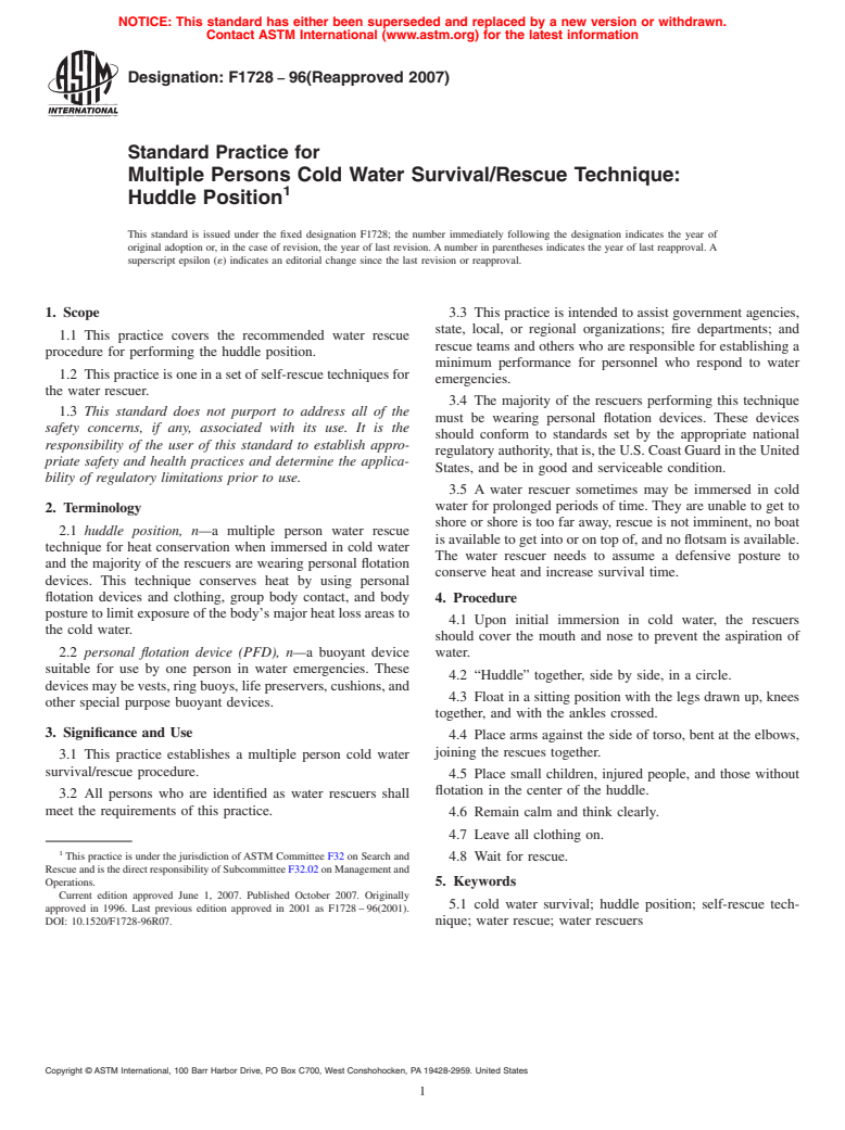 ASTM F1728-96(2007) - Standard Practice for Multiple Persons Cold Water Survival/Rescue Technique: Huddle Position