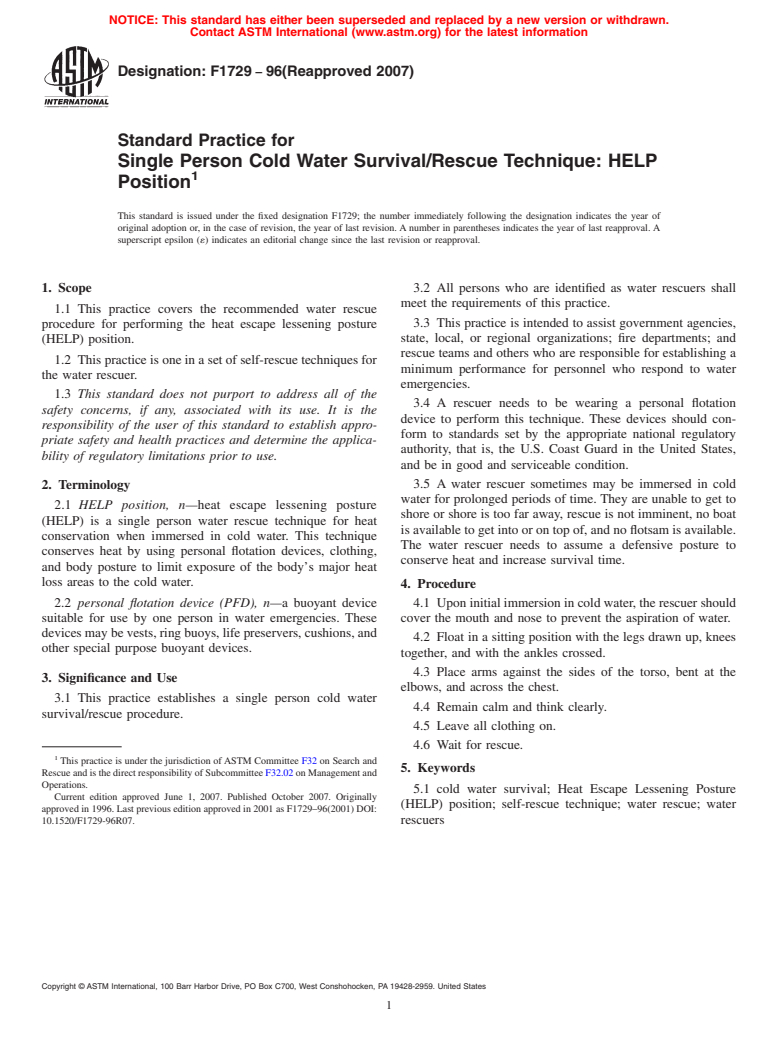 ASTM F1729-96(2007) - Standard Practice for Single Person Cold Water Survival/Rescue Technique: HELP Position