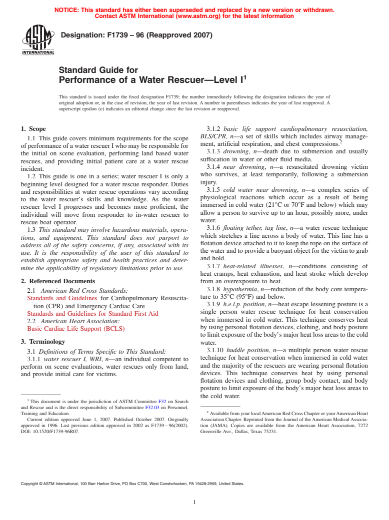 ASTM F1739-96(2007) - Standard Guide for Performance of a Water Rescuer-Level I