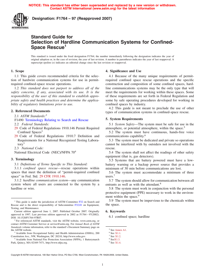 ASTM F1764-97(2007) - Standard Guide for Selection of Hardline Communication Systems for Confined-Space Rescue