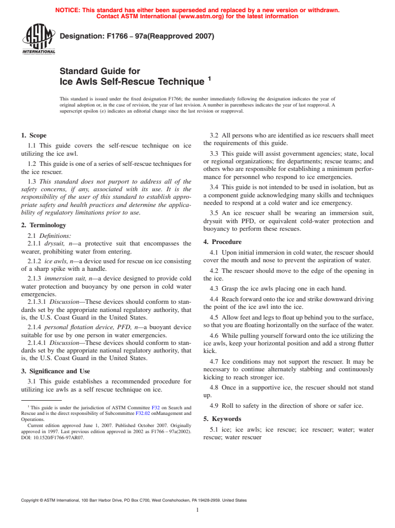 ASTM F1766-97a(2007) - Standard Guide for Ice Awls Self-Rescue Technique