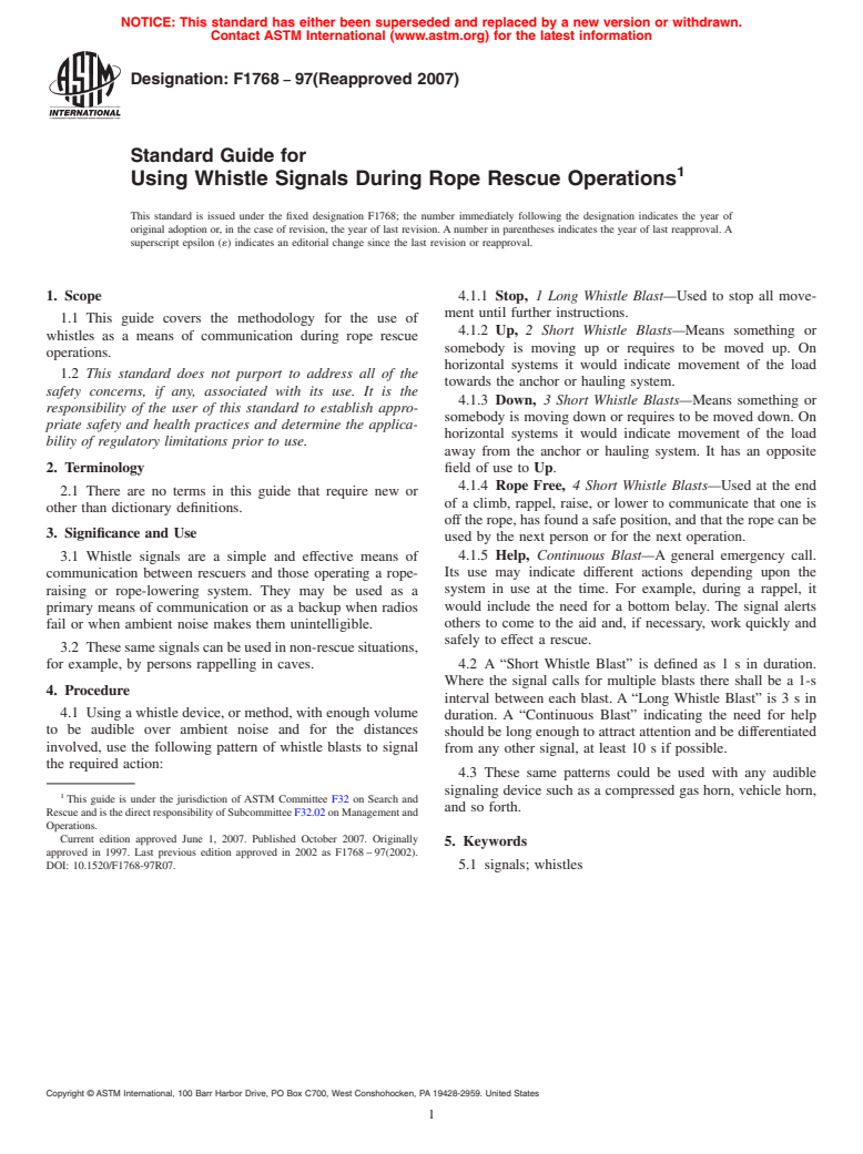 ASTM F1768-97(2007) - Standard Guide for Using Whistle Signals During Rope Rescue Operations