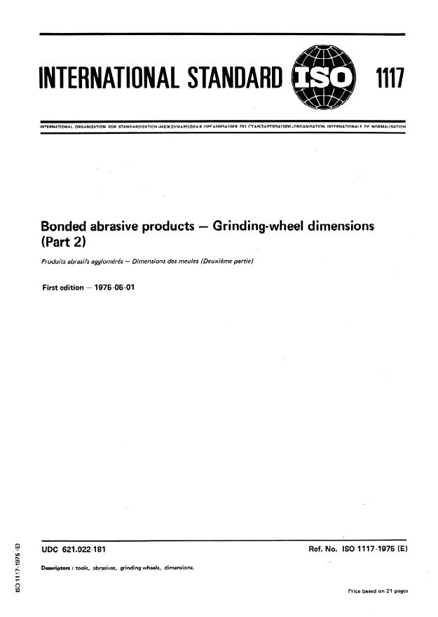 ISO 1117:1975 - Bonded abrasive products -- Grinding-wheel dimensions (Part 2)
