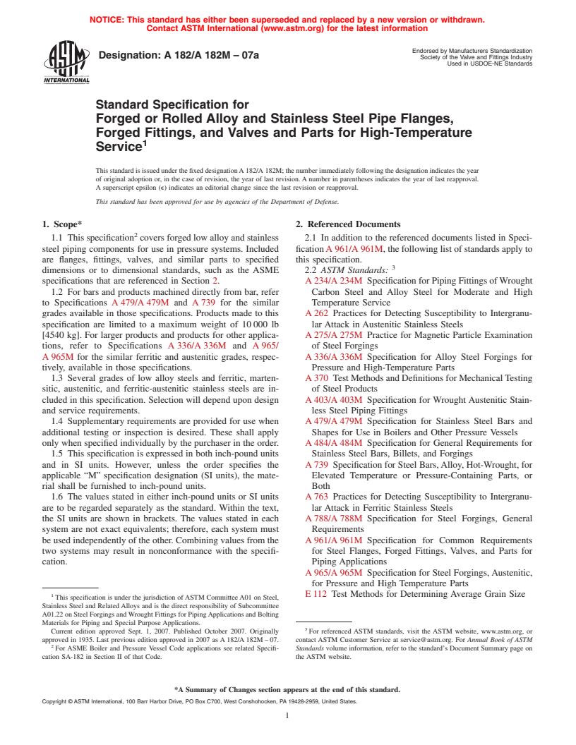 ASTM A182/A182M-07a - Standard Specification for Forged or Rolled Alloy and Stainless Steel Pipe Flanges, Forged Fittings, and Valves and Parts for High-Temperature Service