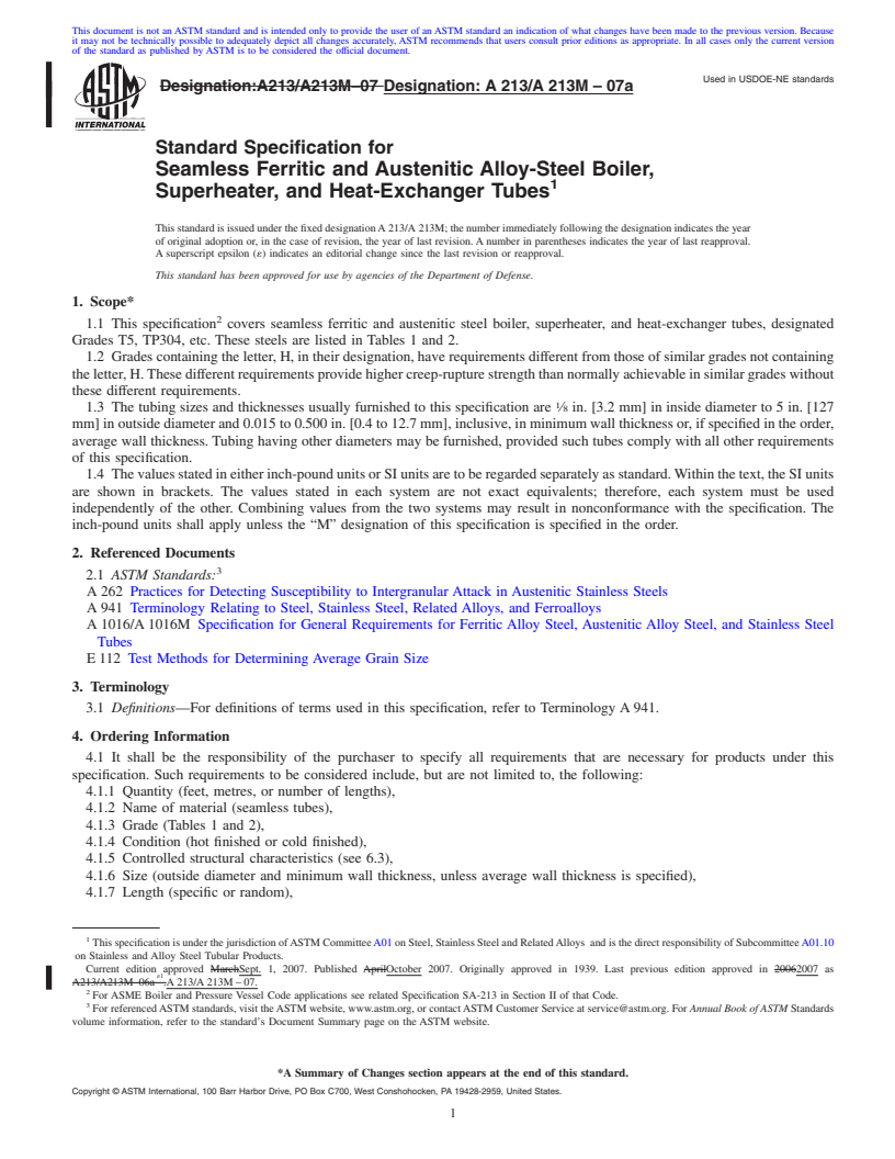 REDLINE ASTM A213/A213M-07a - Standard Specification for Seamless Ferritic and Austenitic Alloy-Steel Boiler, Superheater, and Heat-Exchanger Tubes