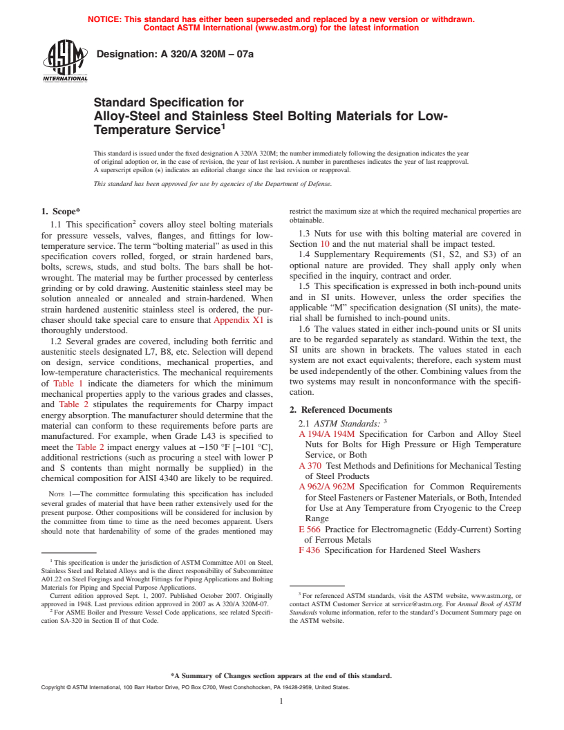 ASTM A320/A320M-07a - Standard Specification for Alloy-Steel and Stainless Steel Bolting Materials for Low-Temperature Service