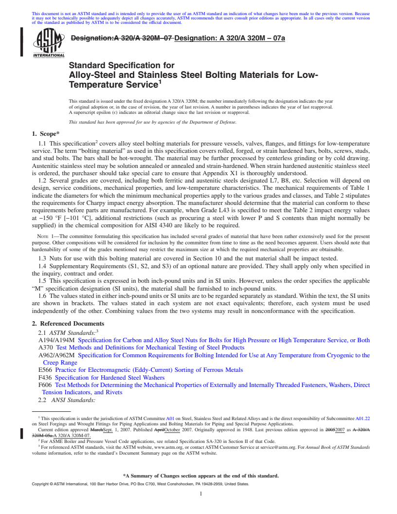 REDLINE ASTM A320/A320M-07a - Standard Specification for Alloy-Steel and Stainless Steel Bolting Materials for Low-Temperature Service