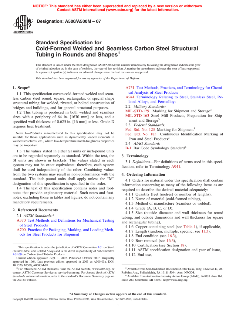 ASTM A500/A500M-07 - Standard Specification for Cold-Formed Welded and Seamless Carbon Steel Structural Tubing in Rounds and Shapes