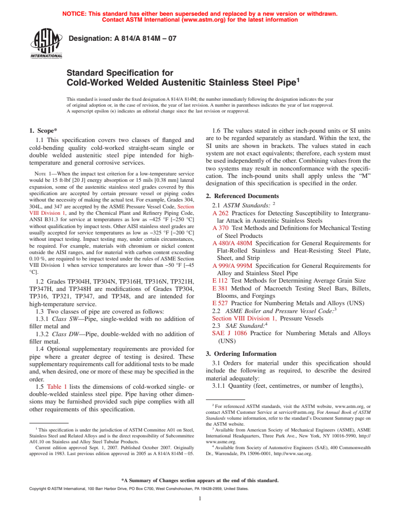 ASTM A814/A814M-07 - Standard Specification for Cold-Worked Welded Austenitic Stainless Steel Pipe