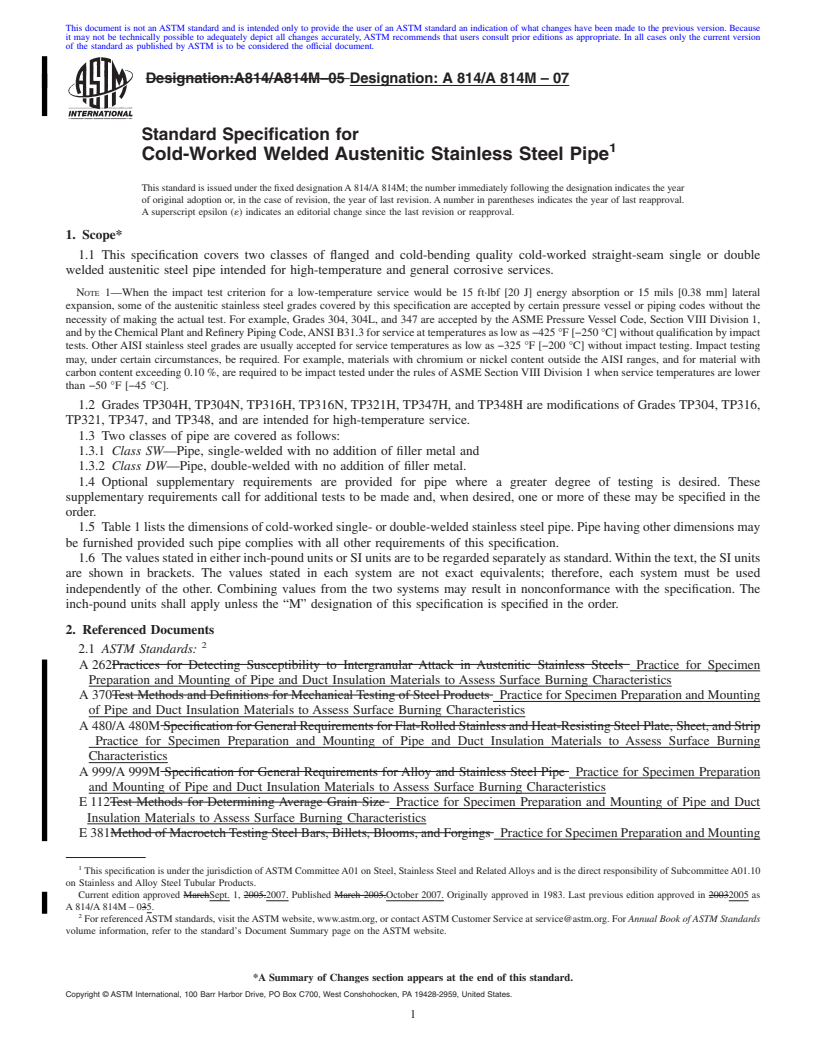 REDLINE ASTM A814/A814M-07 - Standard Specification for Cold-Worked Welded Austenitic Stainless Steel Pipe