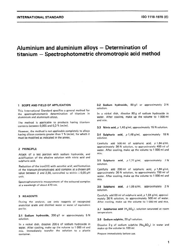 ISO 1118:1978 - Aluminium and aluminium alloys -- Determination of titanium -- Spectrophotometric chromotropic acid method