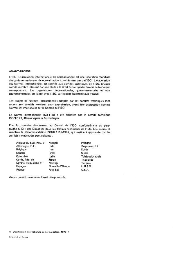ISO 1118:1978 ISO 1118:1978 - Aluminium et alliages d'aluminium —Dosage du titane -- Méthode spectrophotométrique a l'acide chromotropique - Page 2 preview