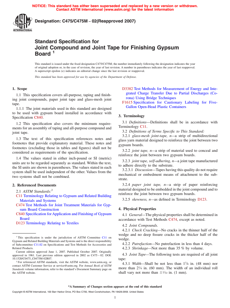 ASTM C475/C475M-02(2007) - Standard Specification for Joint Compound and Joint Tape for Finishing Gypsum Board