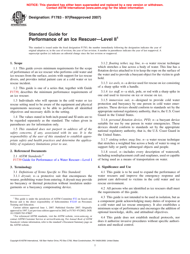 ASTM F1783-97(2007) - Standard Guide for Performance of an Ice Rescuer-Level II