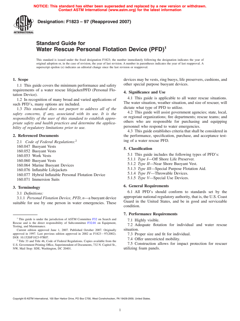 ASTM F1823-97(2007) - Standard Guide for Water Rescue Personal Flotation Device (PFD)