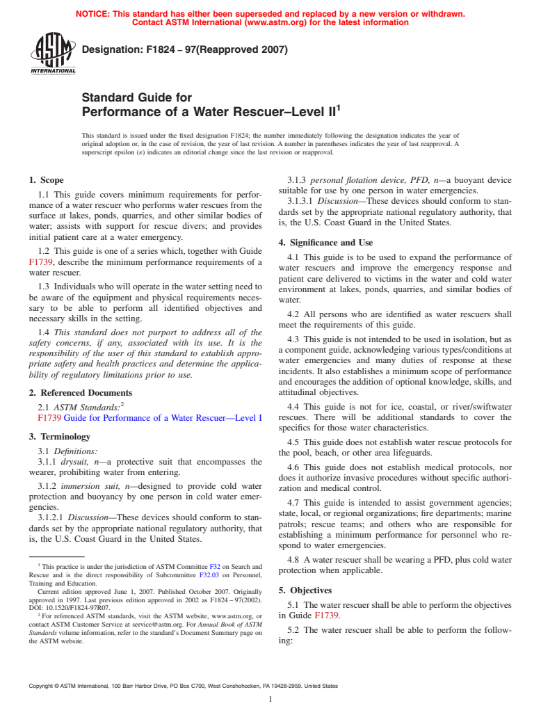 ASTM F1824-97(2007) - Standard Guide for Performance of a Water Rescuer-Level II