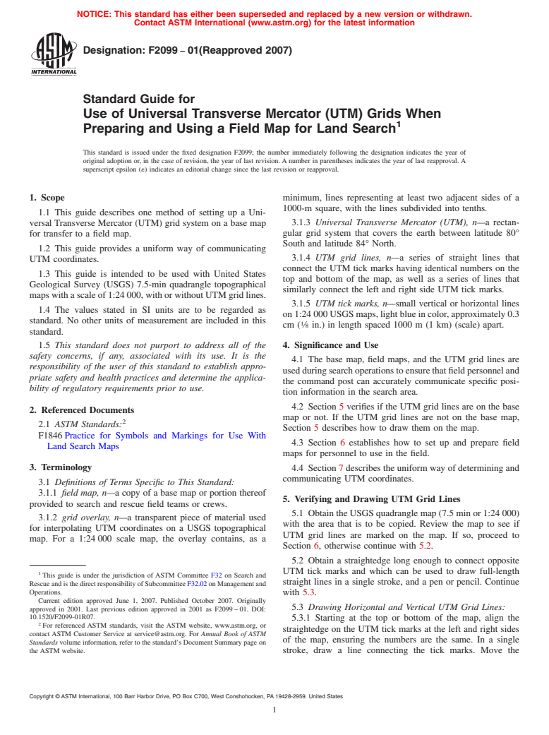 ASTM F2099-01(2007) - Standard Guide for Use of Universal Transverse Mercator (UTM) Grids When Preparing and Using a Field Map for Land Search