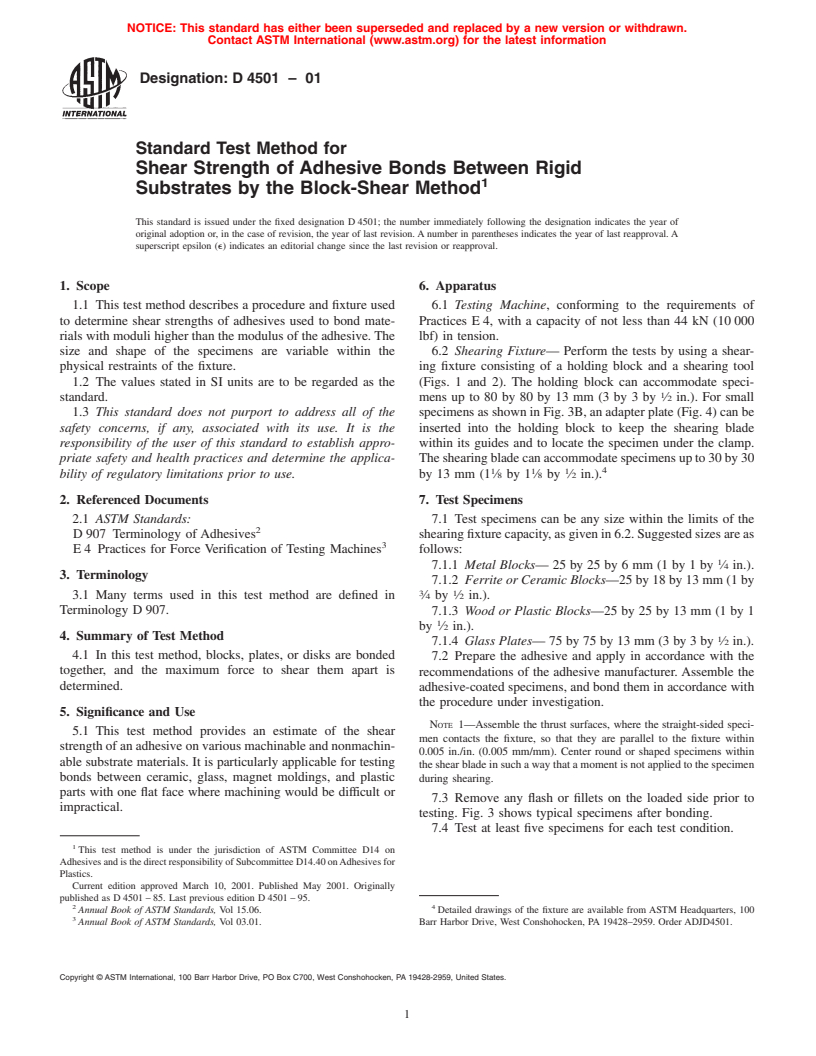 ASTM D4501-01 - Standard Test Method for Shear Strength of Adhesive Bonds Between Rigid Substrates by the Block-Shear Method