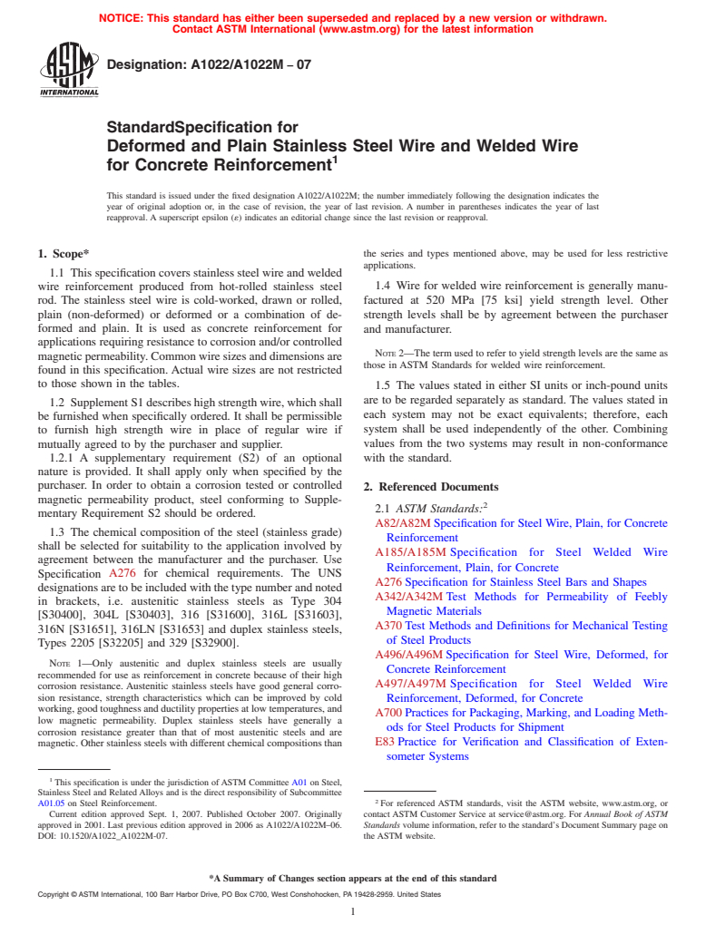 ASTM A1022/A1022M-07 - Standard Specification for Deformed and Plain Stainless Steel Wire and Welded Wire for Concrete Reinforcement