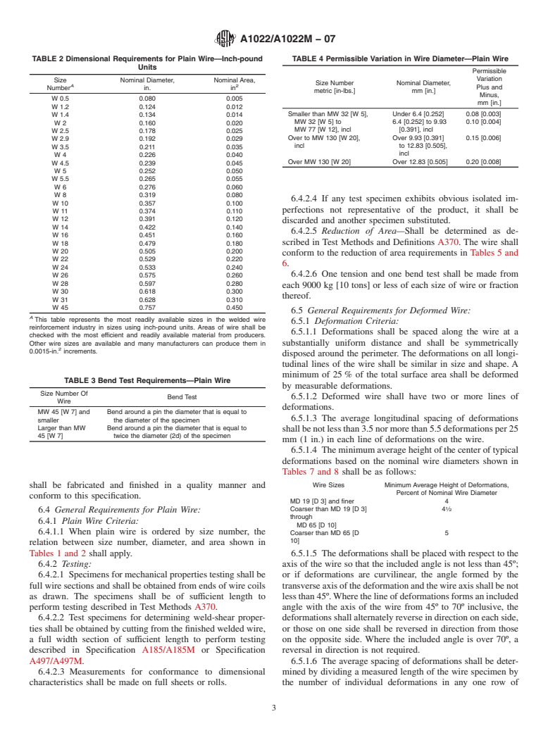 ASTM A1022/A1022M-07 - Standard Specification for Deformed and Plain Stainless Steel Wire and Welded Wire for Concrete Reinforcement