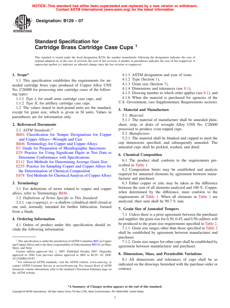 ASTM B129-07 - Standard Specification for Cartridge Brass Cartridge Case Cups