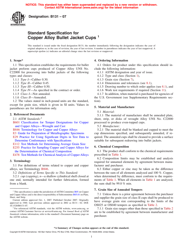 ASTM B131-07 - Standard Specification for Copper Alloy Bullet Jacket Cups