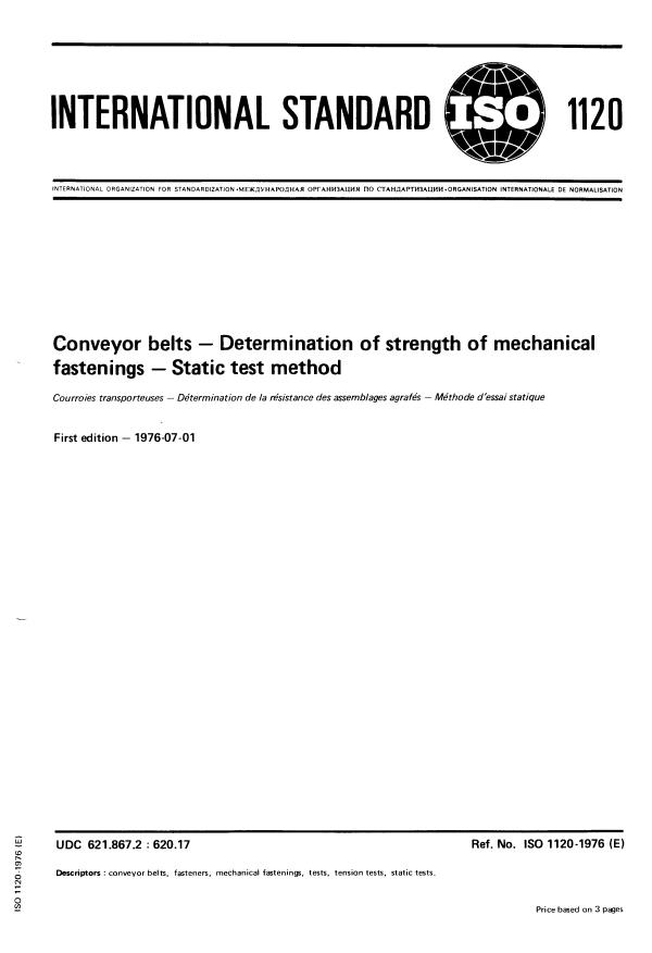 ISO 1120:1976 - Conveyor belts -- Determination of strength of mechanical fastenings -- Static test method