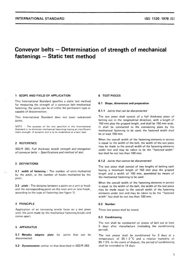 ISO 1120:1976 - Conveyor belts -- Determination of strength of mechanical fastenings -- Static test method