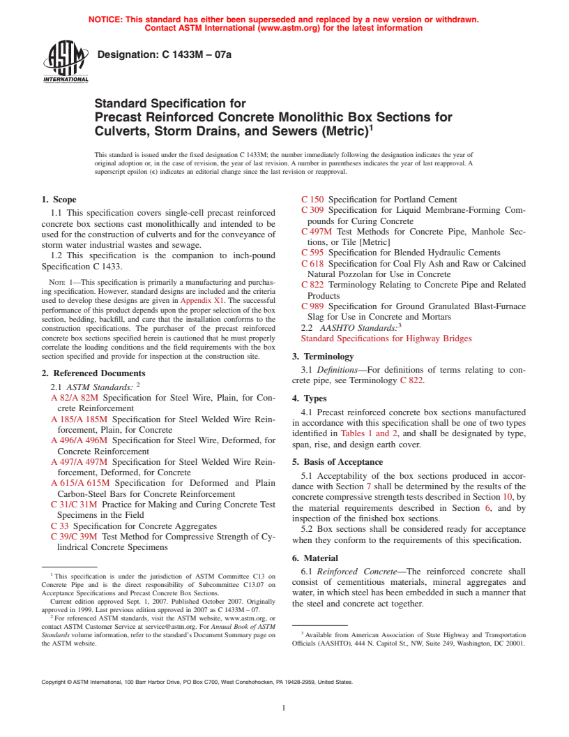 ASTM C1433M-07a - Standard Specification for Precast Reinforced Concrete Monolithic Box Sections for Culverts, Storm Drains, and Sewers (Metric)