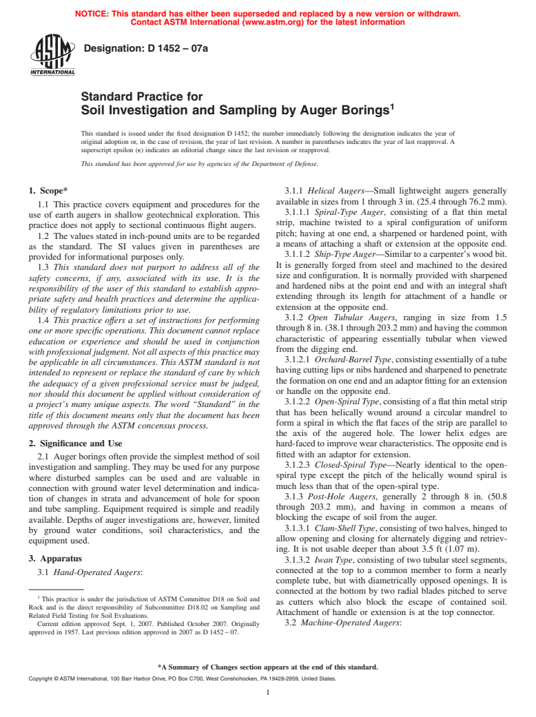 ASTM D1452-07a - Standard Practice for Soil Investigation and Sampling by Auger Borings